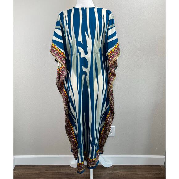 Shoreline Wear Blue Multi Abstract Animal Stripe Cinched Kaftan Midi Dress OS - Picture 15 of 16
